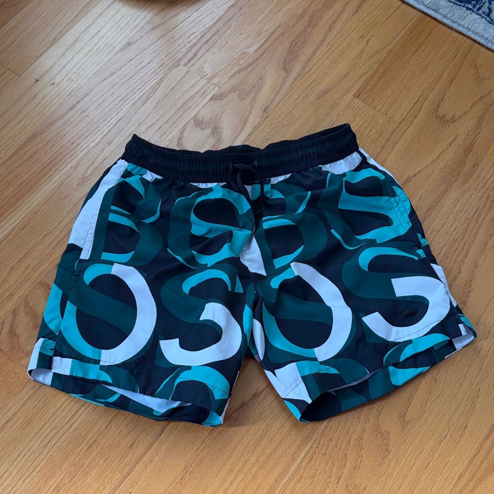 Hugo boss fanfin logo all over swim shorts size small